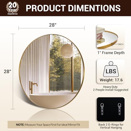 Image of ANDY STAR Round Gold Mirror, 28 Inch Brass Round Mirror, Brushed Brass Bathroom Mirrors for Over Sink, Decorative Wall Mirrors, 1 Inch Deep Set Design, Ideal for Home Remodel, Hanging or Leaning