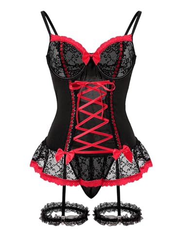 Foxiny Sexy Mesh Corset Ruffle Lace Up Underwire Sheer Garter Belt Babydoll Lingerie Set With Thong 3 Piece Women Cosplay Bustier Bodysuit Top See Through Underwear Black Red X-Small