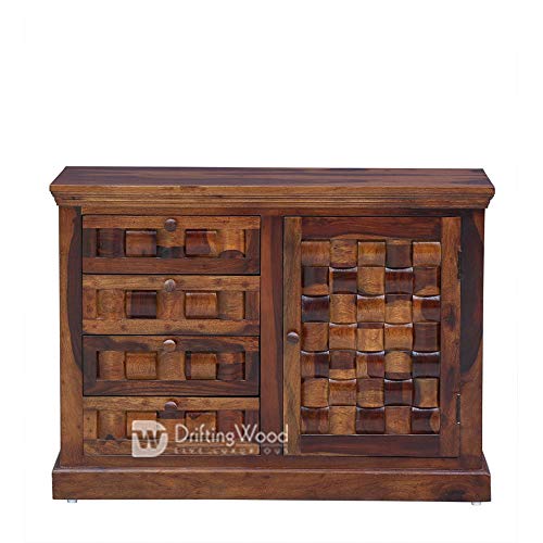 Image of DRIFTINGWOOD Solid Sheesham Wood Sideboard Tv Cabinet for Living Room | Free Standing Movable Tv Unit Side Board Table with 4 Drawer & Door Cabinet Storage Furniture for Home | Honey