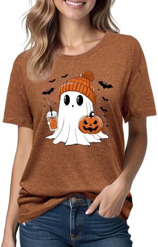 Halloween Shirts for Women: Pumpkin Ghost Print Funny Crewneck Short Sleeve Top for Costumes Autumn Party Graphic T-Shirt