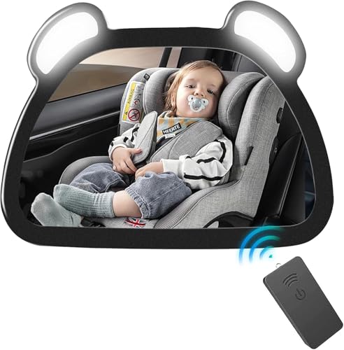 Baby Car Mirror with Light - Rechargeable Car Seat Mirror for Baby Rear Facing with Remote Control, Clear Vision, 360° Rotation Rear Facing Car Seat Mirror, Shock and Shatter Resistant