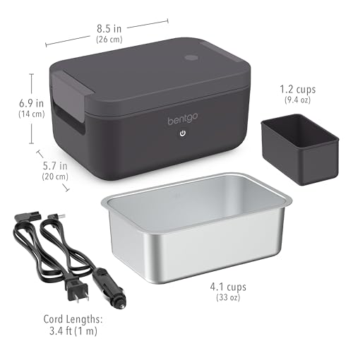 Bentgo Heat - Electric Lunch Box - Portable Food Warmer for Adults, Heated Lunch Box for Work, Travel, School & On the Go, Plug Into Wall or Car, Ideal for Ages 14+, 12V/24V & 120V Cords (Obsidian)