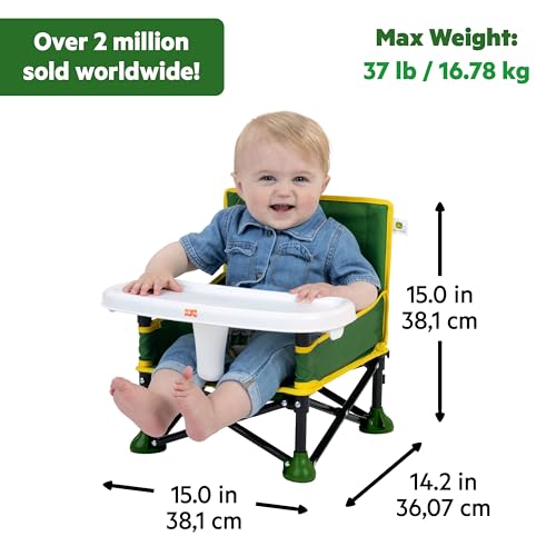 Image of Bright Starts John Deere Pop 'N Sit Portable Booster Chair, Floor Seat, Indoor /Outdoor Use, Compact Fold, Green and Yellow, 6 Mos - 3 Yrs