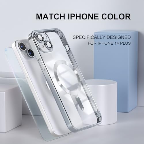 Image of Misea Magnetic for iPhone 14 Plus Case Compatible with MagSafe Silver | [Never Yellowing] [Military Drop Protection] Full Camera Lens Protector Plating Soft Clear Phone Case for Women, Silver