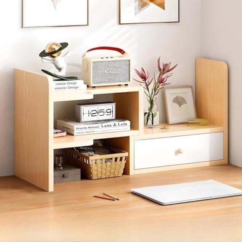 Xozilo 卓上棚 伸縮型 デスクラック 大容量 小物収納 机上整理 本棚 本立て 組立簡単 引き出し付き置き棚 (スタイル4 (30-60) *22*35cm)