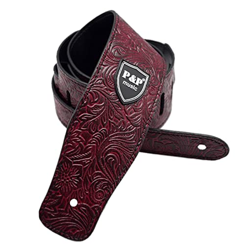 [シャンディニー] ギターストラップ 花模様 ビンテージ PU ソフト 防水 耐摩耗性 エレキギター アコギ ベース エンボス加工 レッド