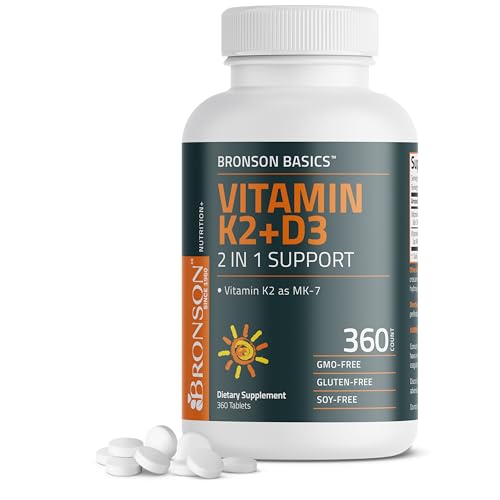Bronson Vitamin K2 D3 (MK7) Supplement Bone and Heart Health Non-GMO Formula 5000IU (125 mcg) Vitamin D3 & 90 mcg Vitamin K2 MK-7 Easy to Swallow Vitamin D & K Complex 360 Tablets