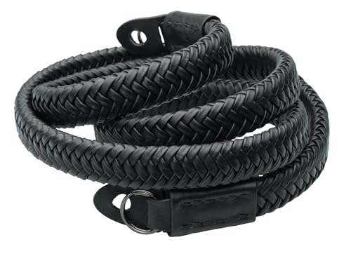 Vi Vante Black Leather Braided Camera Strap Matador Noir w/Electroplated Rings, Hand-Made 47 inches