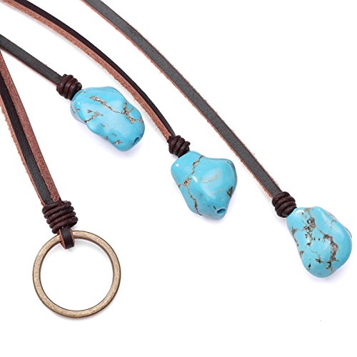 Pernnla Pearl Vintage Turquoise Pendant Necklace On Genuine Leather Cord Strand Girls Long Lariat Necklace Handmade Y-Shaped Jewelry For Women Boho Gemstone Necklace On Valentine’s Day #TOP4