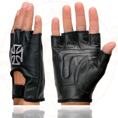 Image of Milwaukee Leather SH198 Men's Black Flame Embroidered Fingerless Gloves with Gel Palm