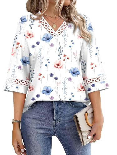 Image of WIHOLL Womens Tops Eyelet Lace V Neck 3 /4 Bell Sleeve Blouses Dressy Casual Work Shirt 2026 Summer Fall Fashion Clothing