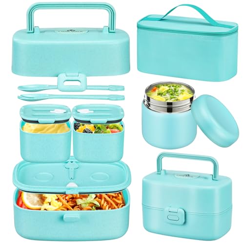 Bento Lunch Box for Kids with 8oz Soup Thermo,2 Leak-Proof Food Containers, a Lunch Bag, Kids Thermo Insulated Hot Food Jar for School, Travel-Green