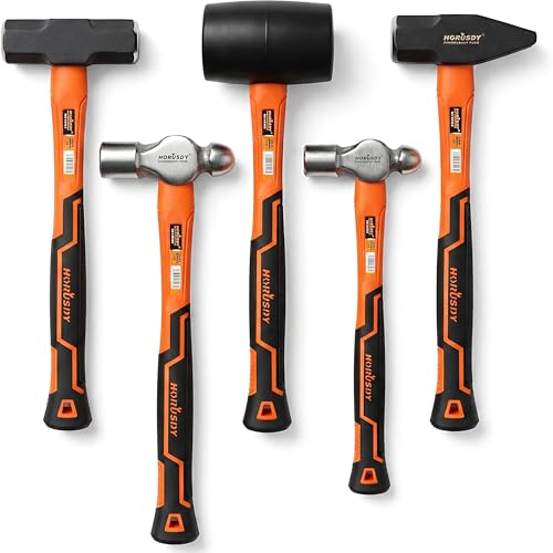 HORUSDY 5-Piece Hammer Set 16oz and 32oz Ball Pein Hammers 32oz Rubber Mallet 3lb Sledge 3lb Cross Peen Hammer