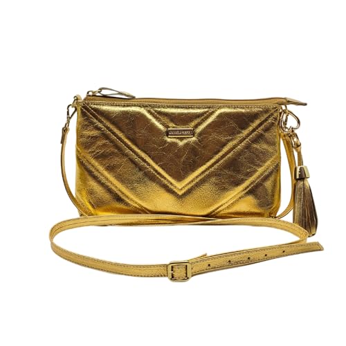 Bolsa Transversal Couro Legítimo Feminina Matelassê Bolso Interno Andreia Ribeiro (Dourado)
