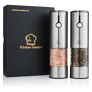 Kitchen Geeks Electric Grinder Set – USB Rechargeable Salt and Pepper Mill with Light, Easy to Refill, No Batteries Required, One Handed Automatic Grinding, Stainless Steel, and Adjustable Coarseness