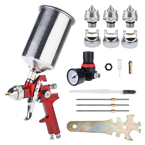 Yaetek Gravity Feed Hvlp Air Spray Gun With 1.4Mm 1.7Mm 2.5Mm Nozzles, 1000Cc Aluminum Cup Hvlp Paint Sprayer Gun With Regulator Pressure Gauge For Auto Paint, Primer, Surface Painting (Red Color) #TOP29