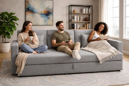 Image of Casaliving Treshta 3 Seater Pull-Out Premium Fabric Sofa Cum Bed Sofa Set for Living Room (Yellow Fabric Color) Premium Fabric Sofa Set for Living Room Sofa Cum Bed
