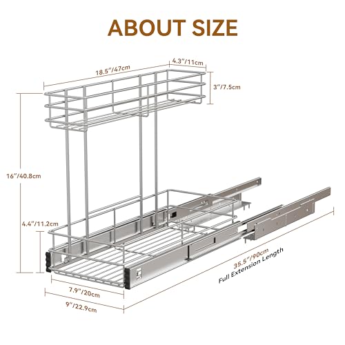 Image of Under Sink Organizer 9 inch W X19 D, Pull Out Cabinet Organizer 2 Tier | 2 Pack, Chrome Plated, Full Slide Out, Under Kitchen Bathroom Sink Organizer, Pantry Cabinet Closet Organization Rack