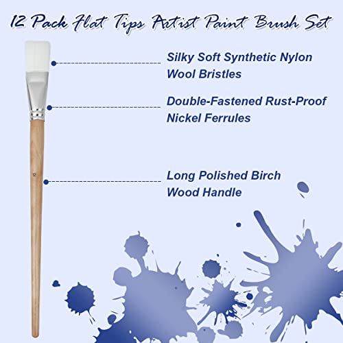 Artkey Flat Tips Paint Brushes Set, 12-Pack Professional Nylon Hair Paint Brushes Long Birchwood Handle Paint Brush For Acrylic Oil Watercolor Gouache Tempera Canvas Face Nail Art Painting Supplies #TOP3