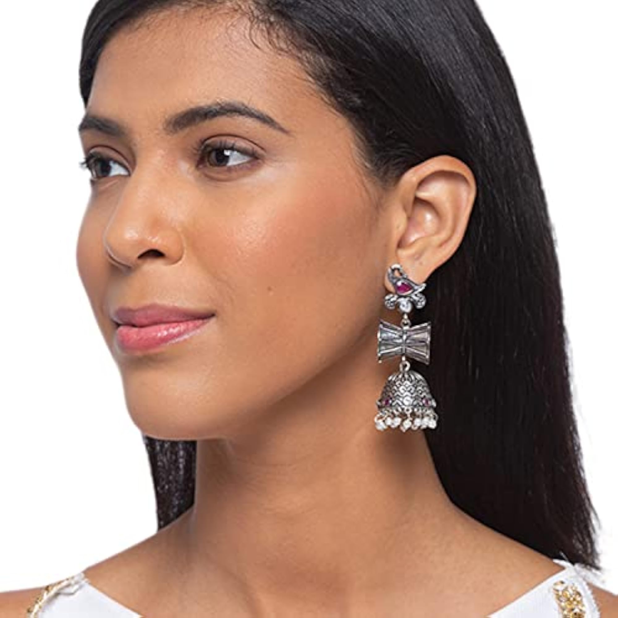 German Oxidized Silver Peacock Jhumkas with Pearls, Gift