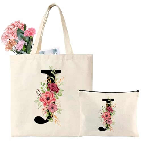 Initialen Einkaufstasche Baumwolltasche mit Buchstaben Canvas Tote Bag Initial Tragetasche und Kosmetiktasche Geschenk für Frauen Freundin Brautjungfer zum Geburtstag Muttertag Hochzeit (J)