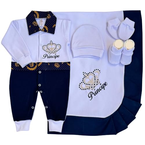 Kit Saída Maternidade Menino Príncipe, 5 Peças em 2 tons Branco e Azul Marinho com Coroa Bordada, Macacão, Touca, Sapatinho, Luvas e Manta