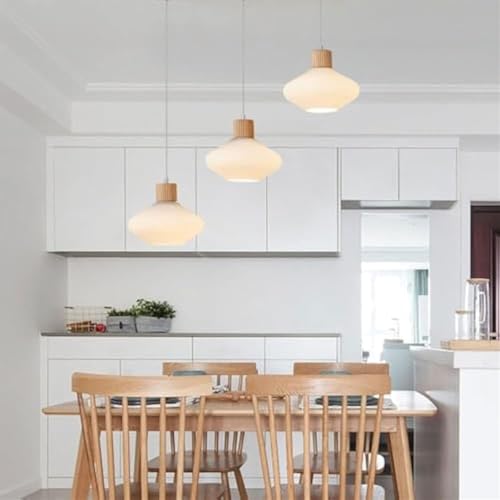 Lámpara colgante de cristal de leche con cúpula de madera y cable ajustable E27 3