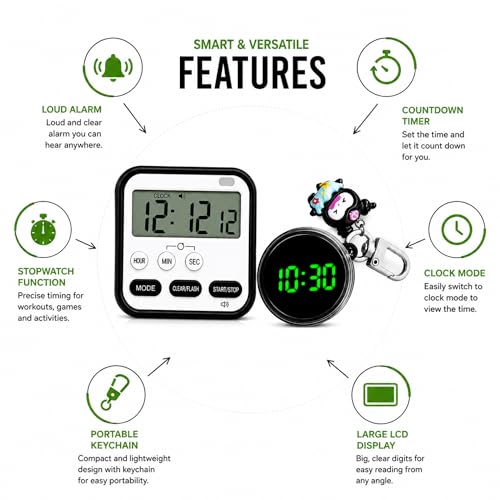 Image of 2 Timer Combo - Digital Kitchen Timer with Portable Keychain Clock, Large LCD Display, Countdown & Stopwatch Timer for Cooking, Study, Gym & Travel