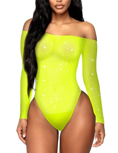 Image of RSLOVE Women's Lingerie Fishnet Bodysuit Sexy Outfits Mesh Bodystocking Yellow One Size