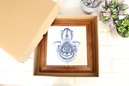 Iznik Decorative Tile, Handpainted Tile, Wooden Frame, Handpainted Iznik Tile, Ottoman Tile, Turkish Ceramic Tile, Wall Decor, 8In X 8In, Fatima Hand Hamsa Motif Iznik Tile Of Ground Quartz #TOP2