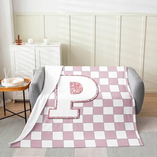 Image of Erosebridal Pink Initial P Fleece Blanket Throw 50 inchx60 inch Kawaii Plaid Checkered Flannel Blanket Cute Personalized Monogram Fuzzy Plush Throw for Kids Girls,Fashion Grids Gingham Decor for Bed Couch