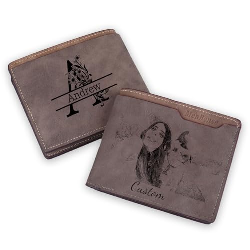 Custom Wallets for Men, Personalized Men's Wallet, Engraved Photo&Name Wallets, Customized Souvenirs for Husbands Fathers Boyfriends (Dark Khaki Letter)