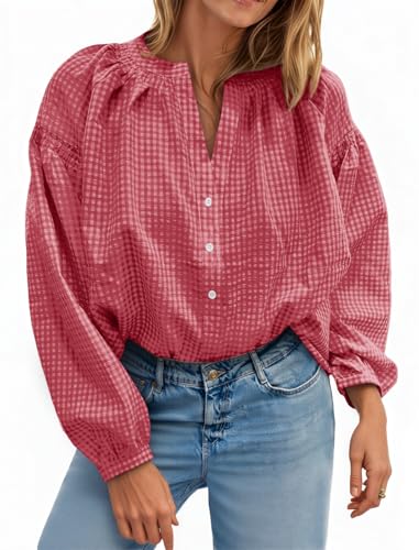 Cicy Bell Womens Puff Long Sleeve Blouse Gingham Pleated V Neck Button Down Shirts Loose Fit Dressy Casual Fall Tops