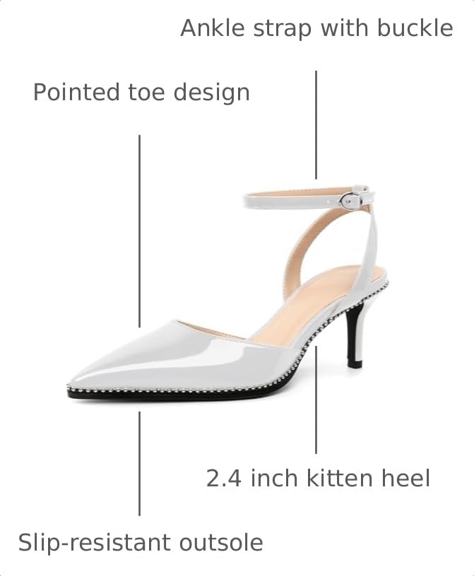 Image of SAMMITOP Kitten Heels for Women Low Heel Closed Toe Ankle Strap Pumps Wedding Party Beaded Dress Shoes 2.4 Inch