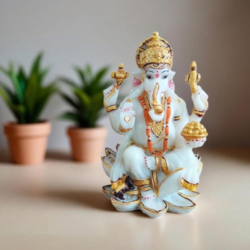 Image of YASHONIDHI Lord Ganesh Idol, 7 Inches, White and Gold Color, Marble Dust, Ganapati Murti, for Pooja Room, for Home Decor, Office Decoration, for Good Luck and Wealth, Gift for All Occasions