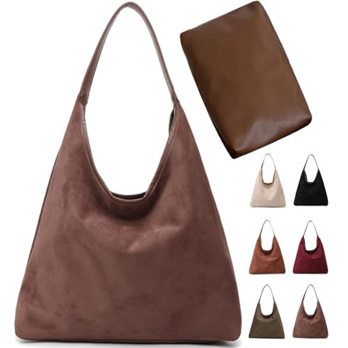 Image of Suede Hobo Bag for Women - Brown Retro Slouchy Purse - 2025 Upgrade New Fall Collection