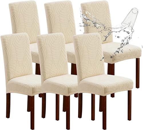 6 PCS Waterproof Chair Covers for Dining Room Stretch Jacquard Dining Chair Slipcovers Removable Washable Chair Protector for Kitchen Hotel Restaurant (Beige Yellow)