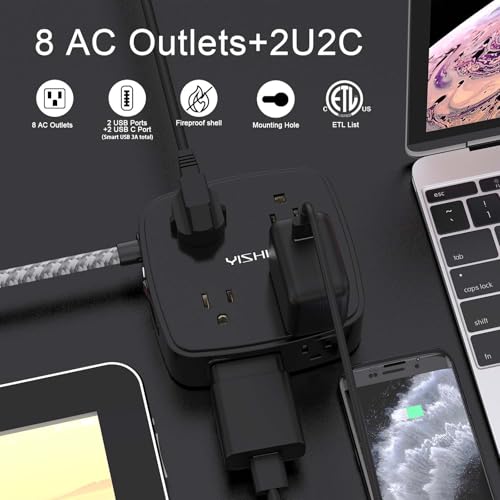 Image of Surge Protector Power Strip - YISHU 8 Outlets with 4 USB (2 USB C) Charging Ports, 6Ft Braided Extension Cord, Flat Plug Multi Plug Outlet Extender Charging Station for Home Office, ETL, Black