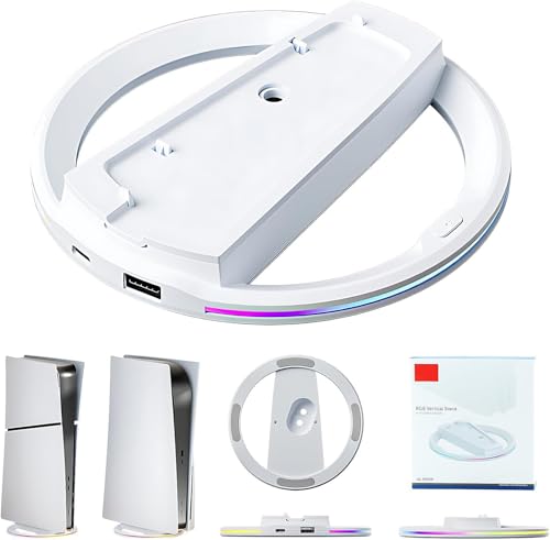 Image of Portable Vertical Stand for PS5 /PS5 Slim /Pro Console (Disc and Digital) with RGB Ambient Lights, Base for PS5 and 4 Anti-Slip Mats, Stable Heat Dissipation and Space Saving (White)