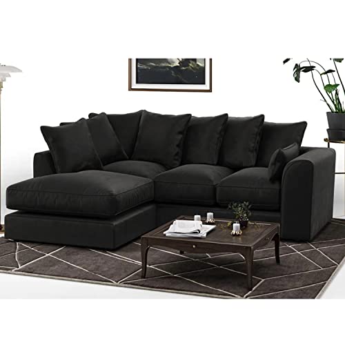 Furnishings For Less UK New Brooklyn Full Fibre Black Plush Velvet LH Left Hand Corner Sofa 3 to 4 Seater (Black, Left Hand Facing)