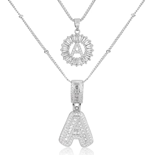 Initial Letter Necklace for Women 14k White Gold Silver Plated Dainty Necklaces Trendy Chunky Custom Layered Necklace Set Personalized Round Circle Zirconia A-Z Letter Chain Pendant Jewelry Gift