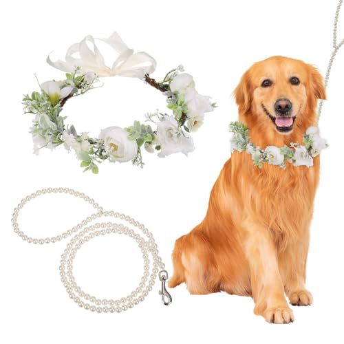 Dog Wedding Flower Collar with Pearls Beaded Leash Elegant Dog Flower Headband Dogs Wedding Attire Wreath Bow Pet Photo Prop (Large)