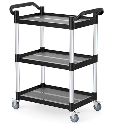 17Tek 3-Tier Rolling Utility Cart with Wheels,4 Lockable Casters, Plastic Service Cart with 510lbs Capacity, Commercial Service Cart on Wheels for Restaurant/Office/Warehouse/Kitchen/School, Black by 17Tek - Used condition - CA$112.70