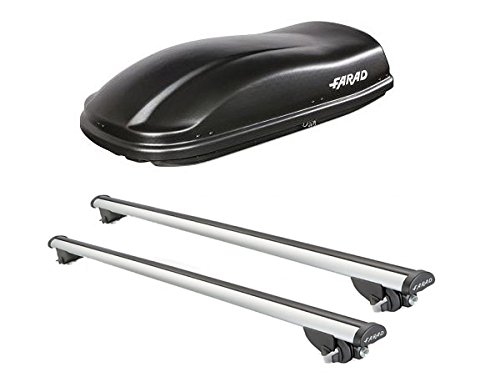 Farad JE51F30+AZ03030036 - Box da Tetto Marlin 400 LT Nero + Barre PORTATUTTO in Alluminio per Auto con Railing O MANCORRENTI