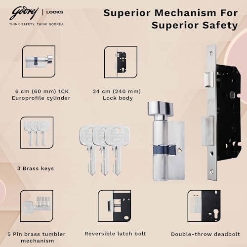 Image of Godrej Mortise Lock | Calla Rossette Home Decor Handle | Satin Steel Finish | 60 mm 1CK Cylinder - Knob from Inside Knob from Inside & with 3 Keys|5 Years Warranty