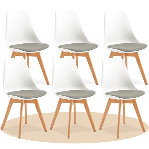 Dekohome Pack de 6 Sillas de Comedor, Sillas de Cocina con Respaldo Ergonómico, Asiento Acolchado Tapizado y Patas de Madera Maciza de Haya, Blanco y Gris