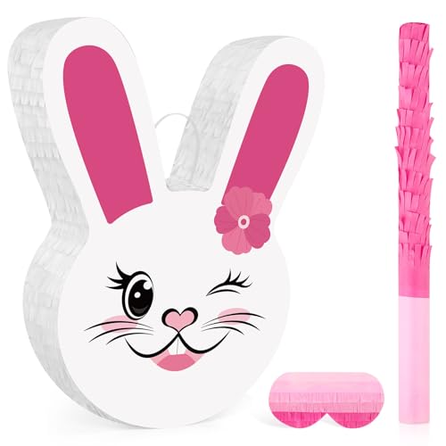 Easter Bunny Pinata - Bunny Decorations with a Blindfold and Bat for Boys Girls Animal Themed Birthday Party Kids Classroom Game Decoration Supplies (15.3 x 12.6 x 3.14 Inches)