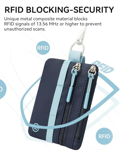 Image of BOSTANTEN Small Wallet RFID, Minimalist Zip ID Case Wallet with Lanyard Keychain, Water Resistant Card Wallets for women & Men, Navy Blue and Sky Blue