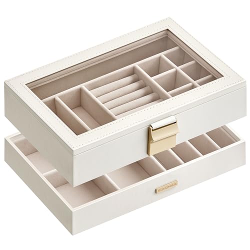 SONGMICS Schmuckkästchen 2 Ebenen, Schmucktablett stapelbar, Schmuckkasten groß, Schmuckbox mit Glasdeckel, 17 x 28 x 8,8 cm, Schmuckeinsatz für Schubladen, Geschenkidee, weiß JBC192W01