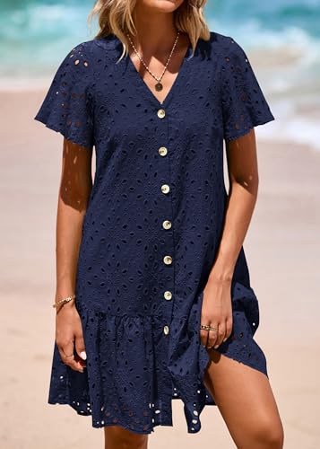 Image of KIRUNDO Eyelet Dresses for Women Button Down Mini Babydoll
